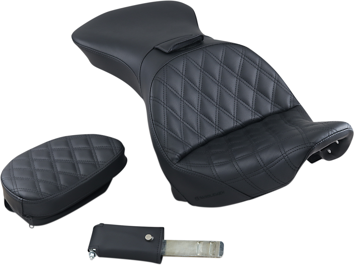 Asiento SADDLEMEN Explorer - Con respaldo - Costuras enrejadas - Negro - FLSTS 800-23-030LS