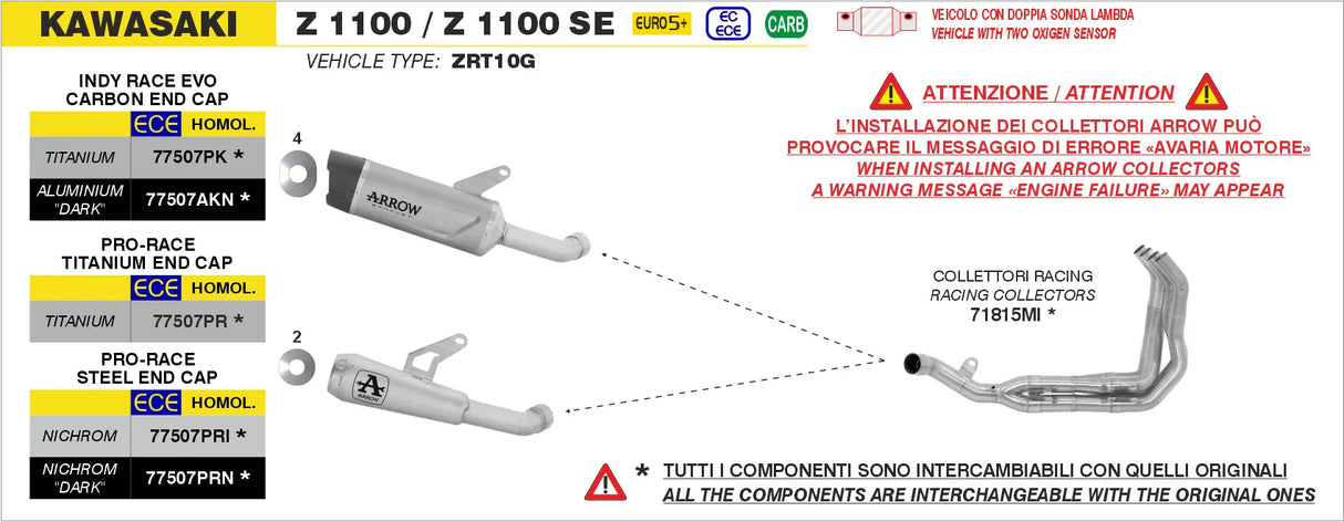 Escape de titanio Arrow Kawasaki Z1100 / Z1100SE E5+ 25-26 Pro-Race - 77507PR