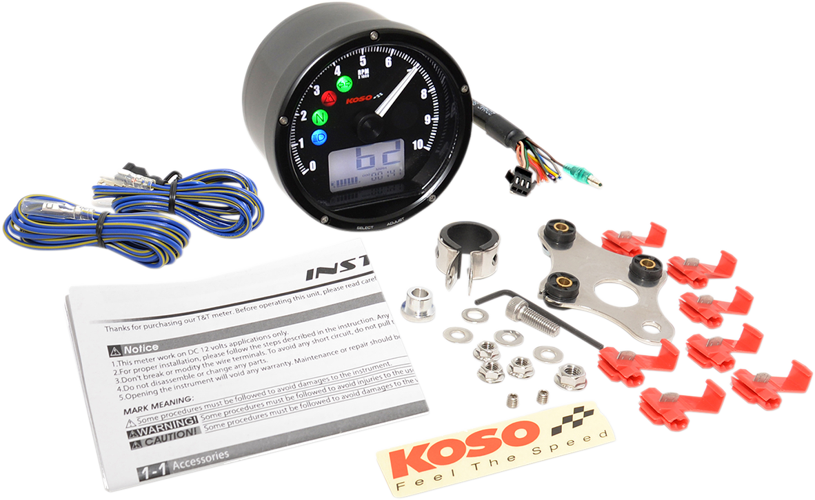 Velocímetro/tacómetro electrónico KOSO NORTH AMERICA TNT-01 - Cara negra - Carcasa negra - 3" de diámetro x 1,75" de profundidad BA035K00-HD