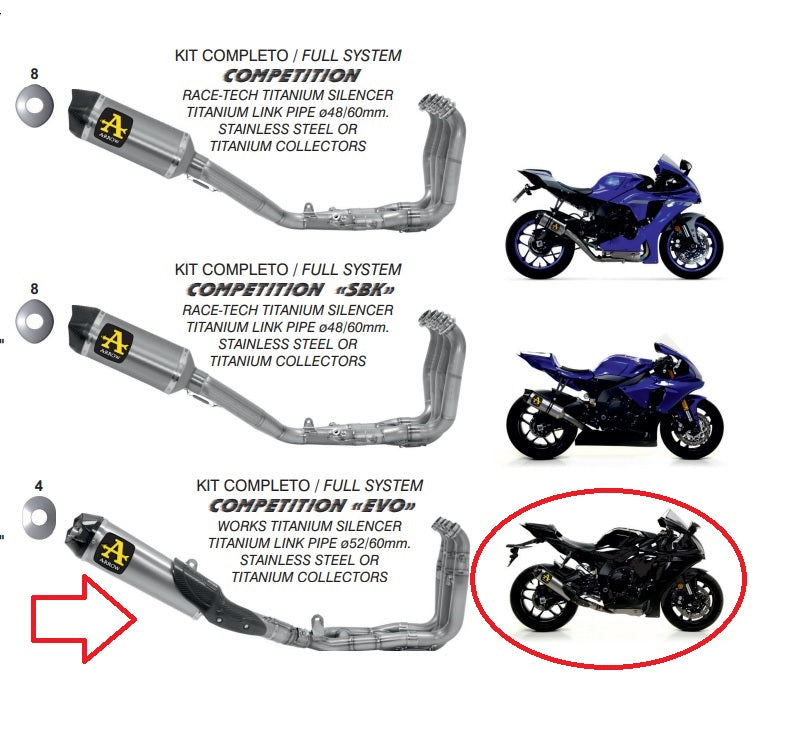 71210ckz Arrow Yzf R1 17-24 Competition Full Kit Low Version in stainless steel and silencer and link pipe in titanium
