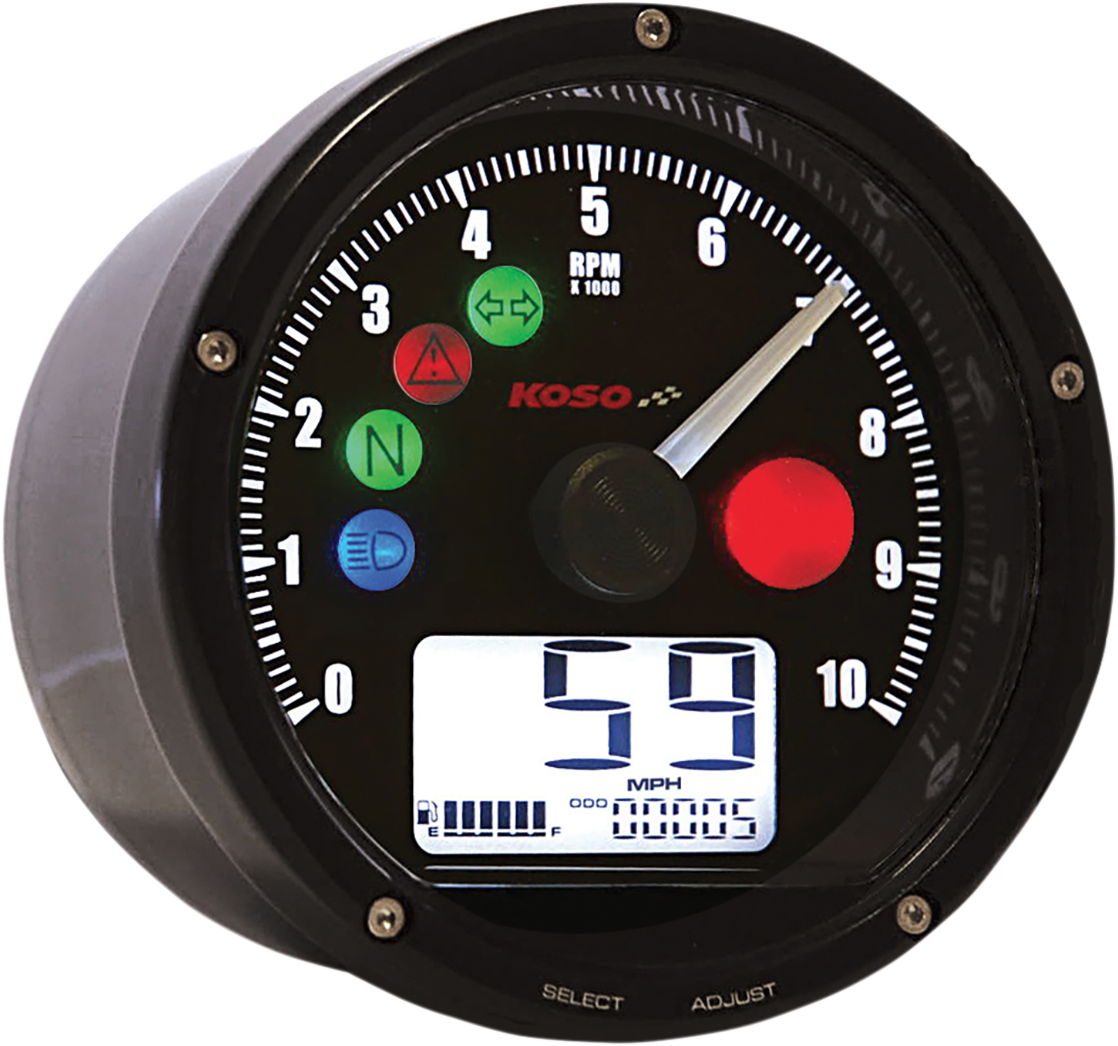 Velocímetro/tacómetro electrónico KOSO NORTH AMERICA TNT-01 - Cara negra - Carcasa negra - 3" de diámetro x 1,75" de profundidad BA035K00-HD
