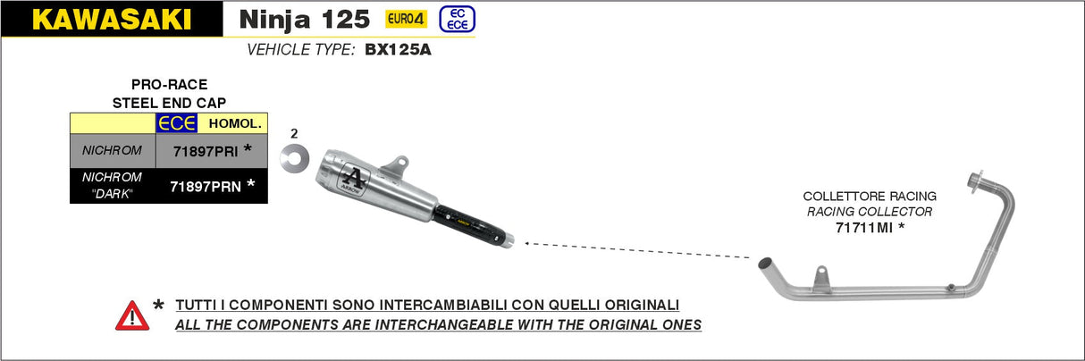 Silenciador Arrow Kawasaki Ninja 125 2019-2020 Pro-Race Nichrom homologado con tubo de enlace soldado 71897pri