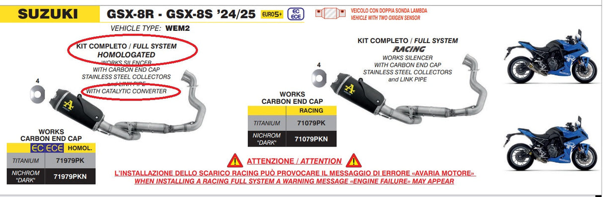 71979PKN Arrow Works Sistema completo de escape Nichrom "oscuro" homologado con catalizador para Suzuki GSX-8S/R 2022-2025