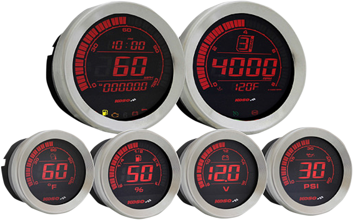 Kit de manómetros universal KOSO NORTH AMERICA de 6 piezas - Plateado para Harley BA050901