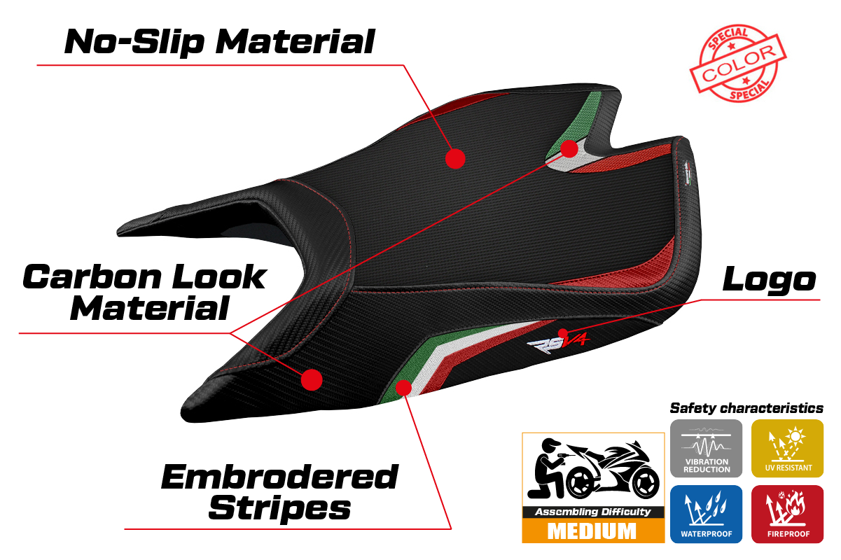 Funda de asiento Aprilia RSV4 2021-2025 Tappezzeria Italia TPZ Bandera de Italia en negro