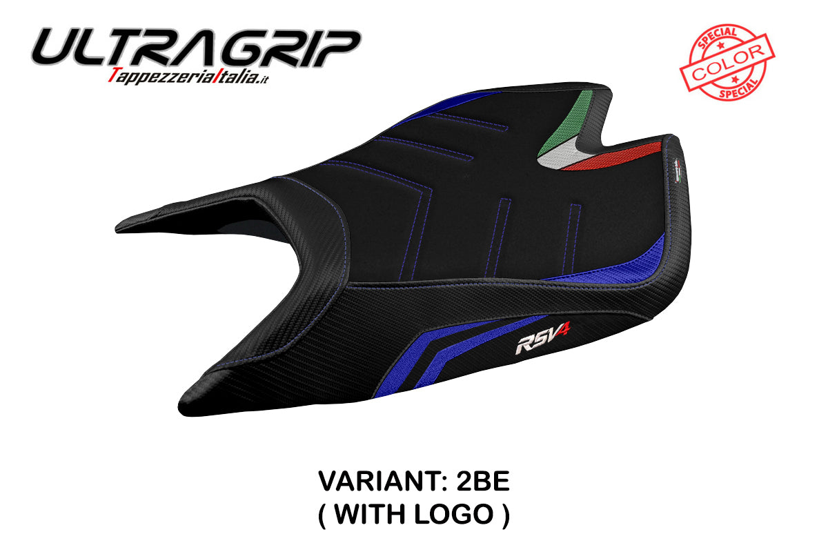 Funda de asiento Aprilia RSV4 2021-2025 Tappezzeria Italia TPZ Ultragrip en azul y negro