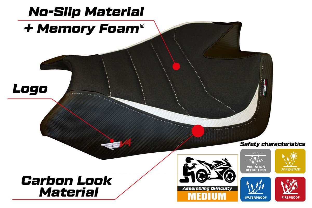 Funda de asiento Aprilia RSV4 2009-2020 Tappezzeria Italia TPZ Comfort Ultragrip en blanco y negro