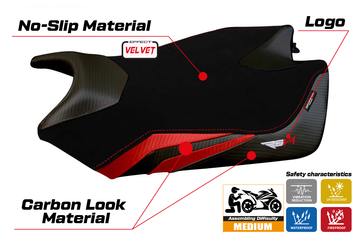 Funda de asiento Aprilia RSV4 2009-2020 Tappezzeria Italia TPZ en terciopelo rojo y negro