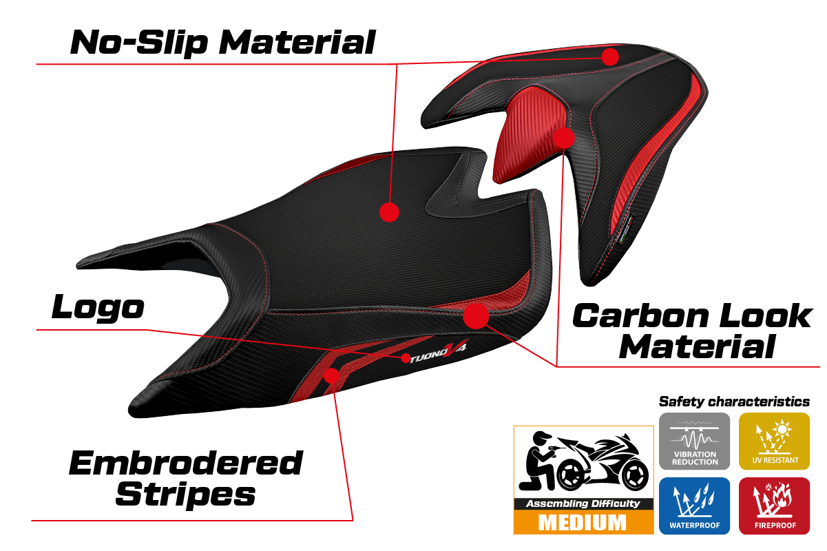 Funda de asiento Aprilia Tuono V4 2021-2025 Tappezzeria Italia TPZ en rojo y negro