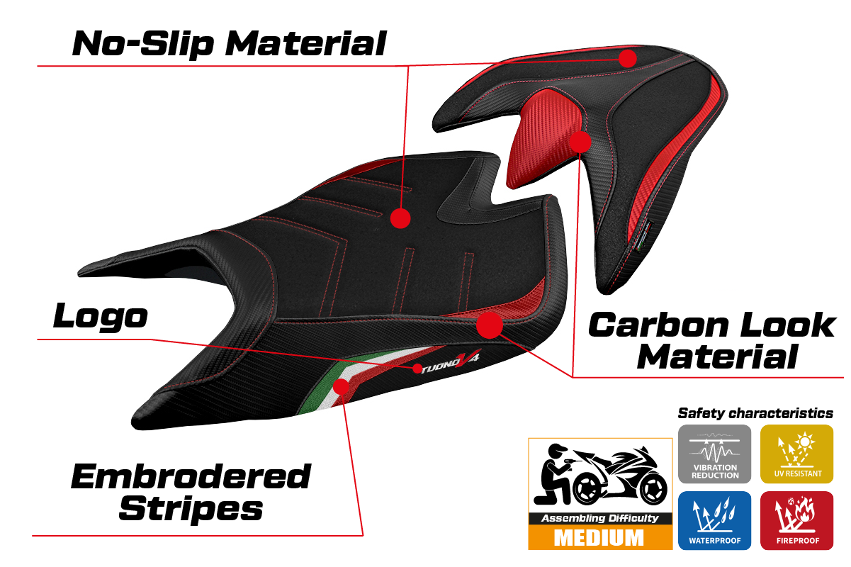 Funda de asiento Aprilia Tuono V4 2021-2025 Tappezzeria Italia TPZ Ultragrip con bandera de Italia negro