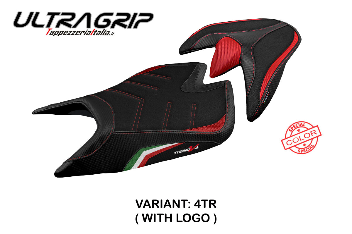 Funda de asiento Aprilia Tuono V4 2021-2025 Tappezzeria Italia TPZ Ultragrip con bandera de Italia negro