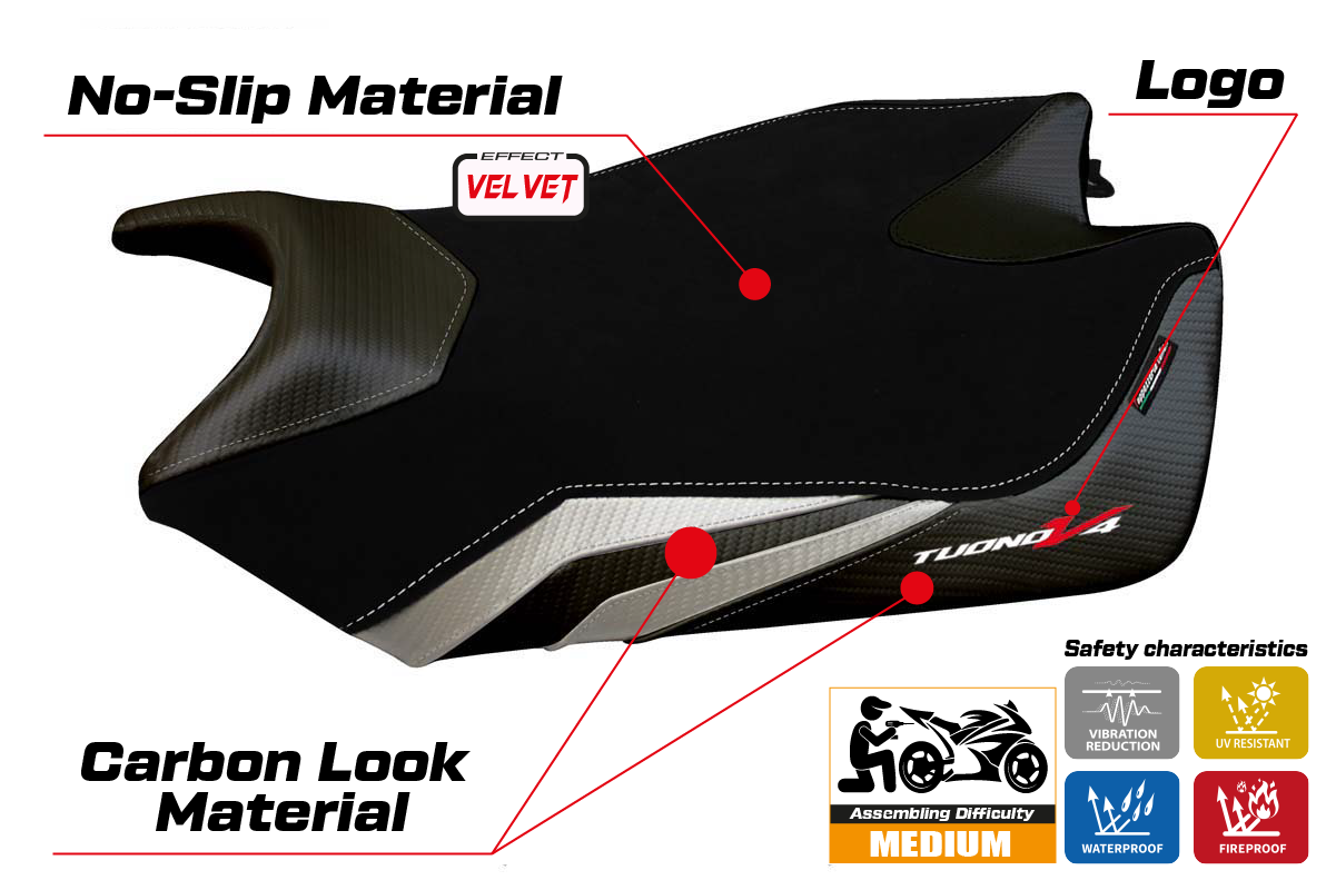 Funda de asiento Aprilia Tuono V4 2011-2020 Tappezzeria Italia TPZ en terciopelo blanco y negro