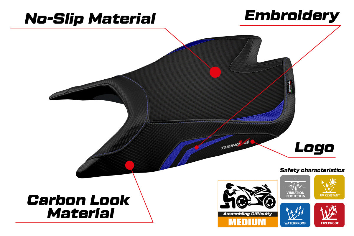 Funda de asiento Aprilia Tuono V4 Factory 2021-2025 Tappezzeria Italia TPZ Comfort en azul y negro