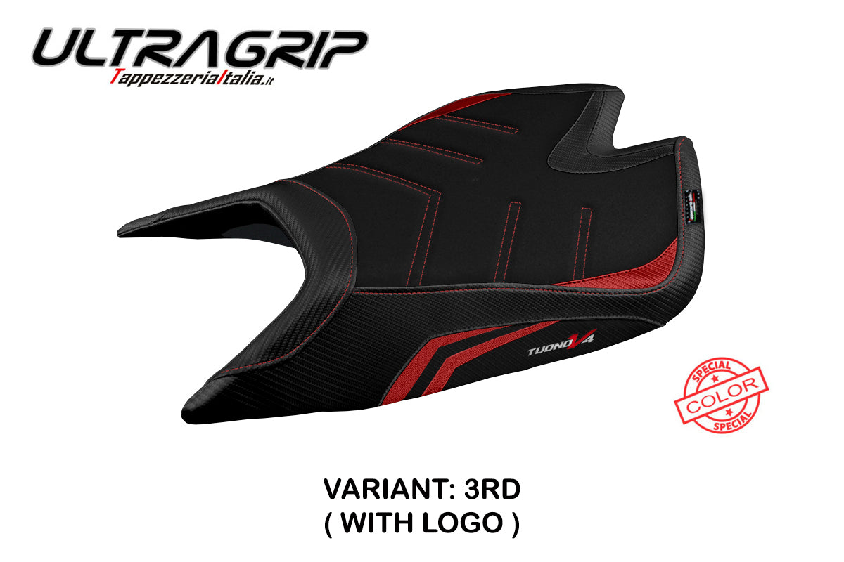 Funda de asiento Aprilia Tuono V4 Factory 2021-2025 Tappezzeria Italia TPZ Ultragrip en rojo y negro