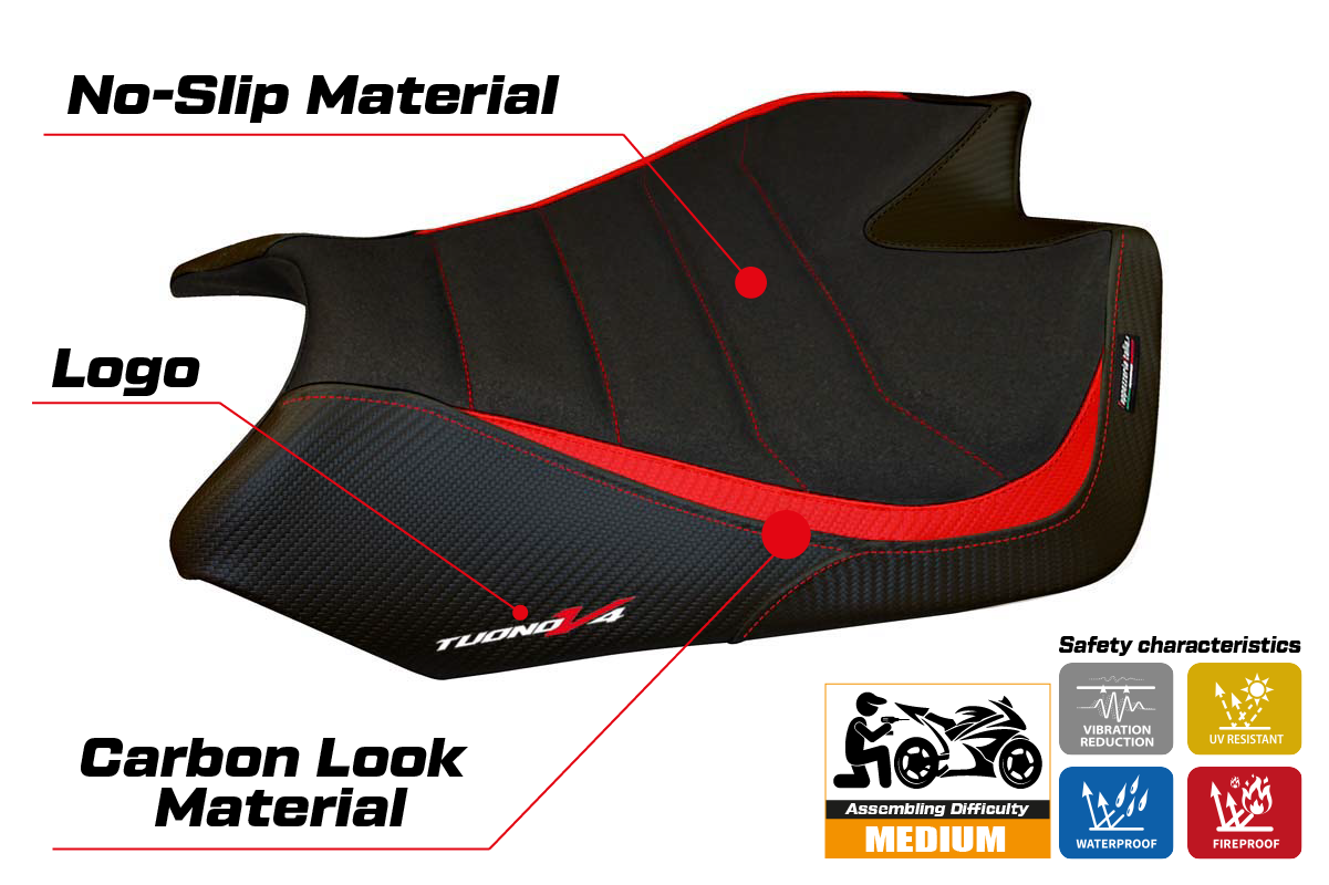 Funda de asiento Aprilia Tuono V4 2011-2020 Tappezzeria Italia TPZ Ultragrip en rojo y negro