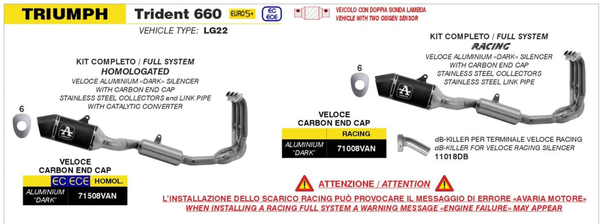 71508VAN Arrow Homologated Full system with Veloce aluminium "Dark" silencers for Triumph Trident 660 2025
