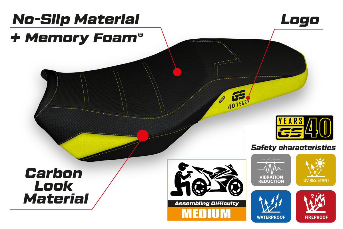 Funda de asiento calefactable Comfort Tappezzeria Italia TPZ para BMW F850GS 2019-2024 en amarillo y negro