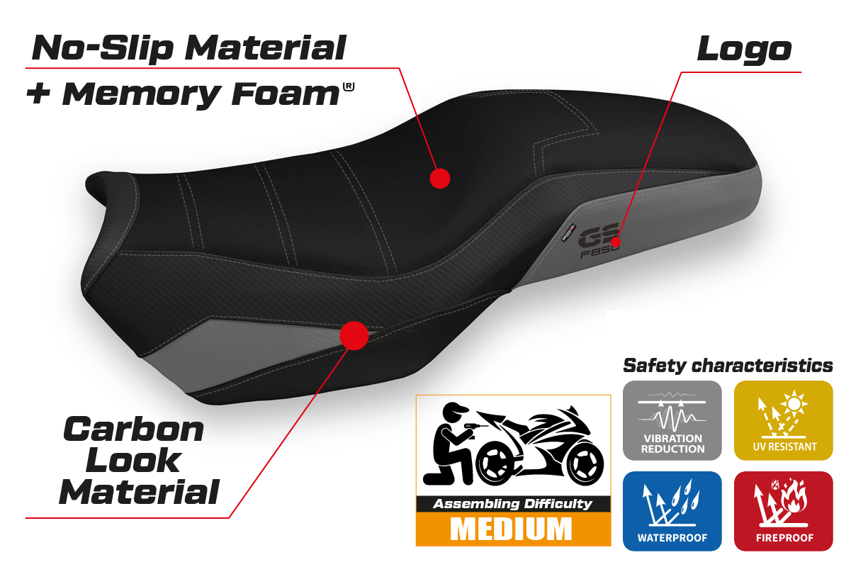 Funda de asiento calefactable Comfort Tappezzeria Italia TPZ para BMW F750GS F800GS F850GS 2019-2024 en gris y negro