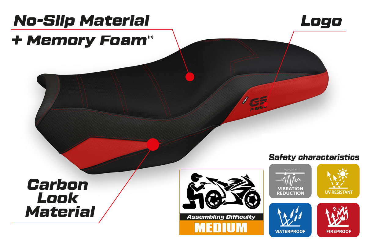 Funda de asiento calefactable Comfort Tappezzeria Italia TPZ para BMW F750GS F800GS F850GS 2019-2024 en rojo y negro