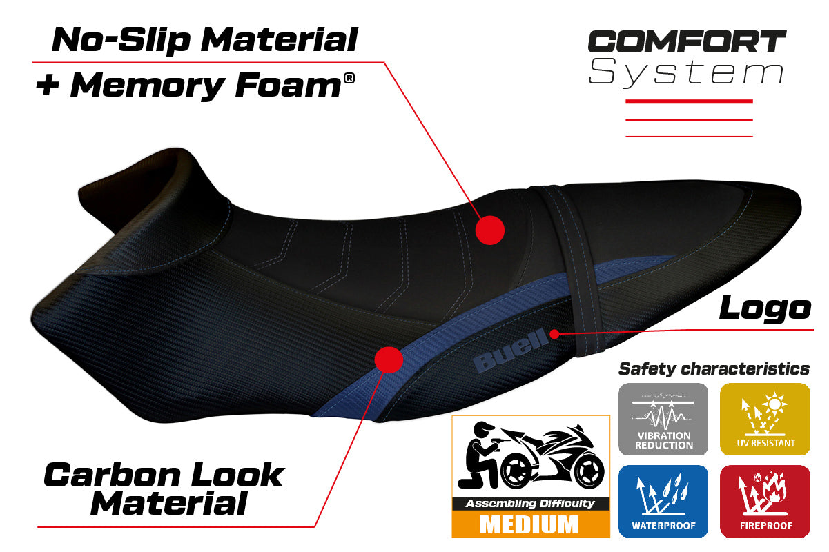 Funda de asiento Buell XB12S XB12SX 2019-2021 Tappezzeria Italia TPZ Comfort en azul y negro