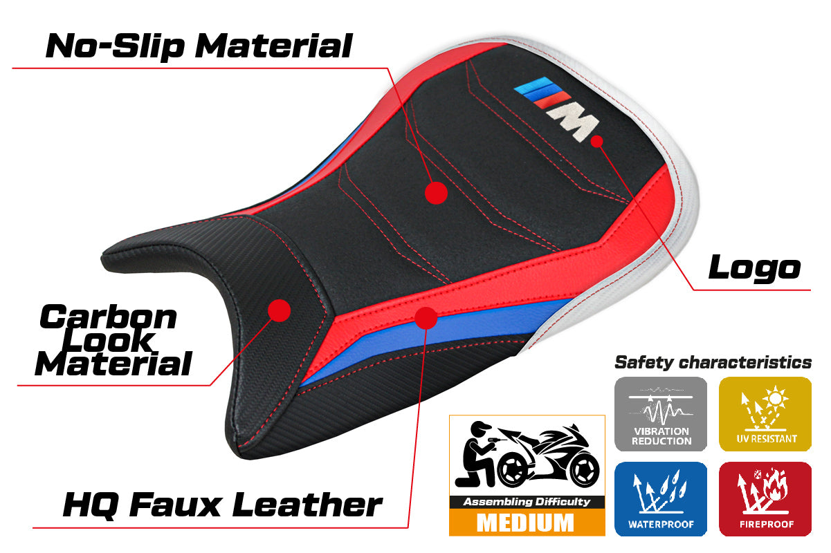 Funda de asiento BMW M1000RR 2021-2022 Tappezzeria Italia TPZ Ultragrip en rojo, azul, blanco y negro