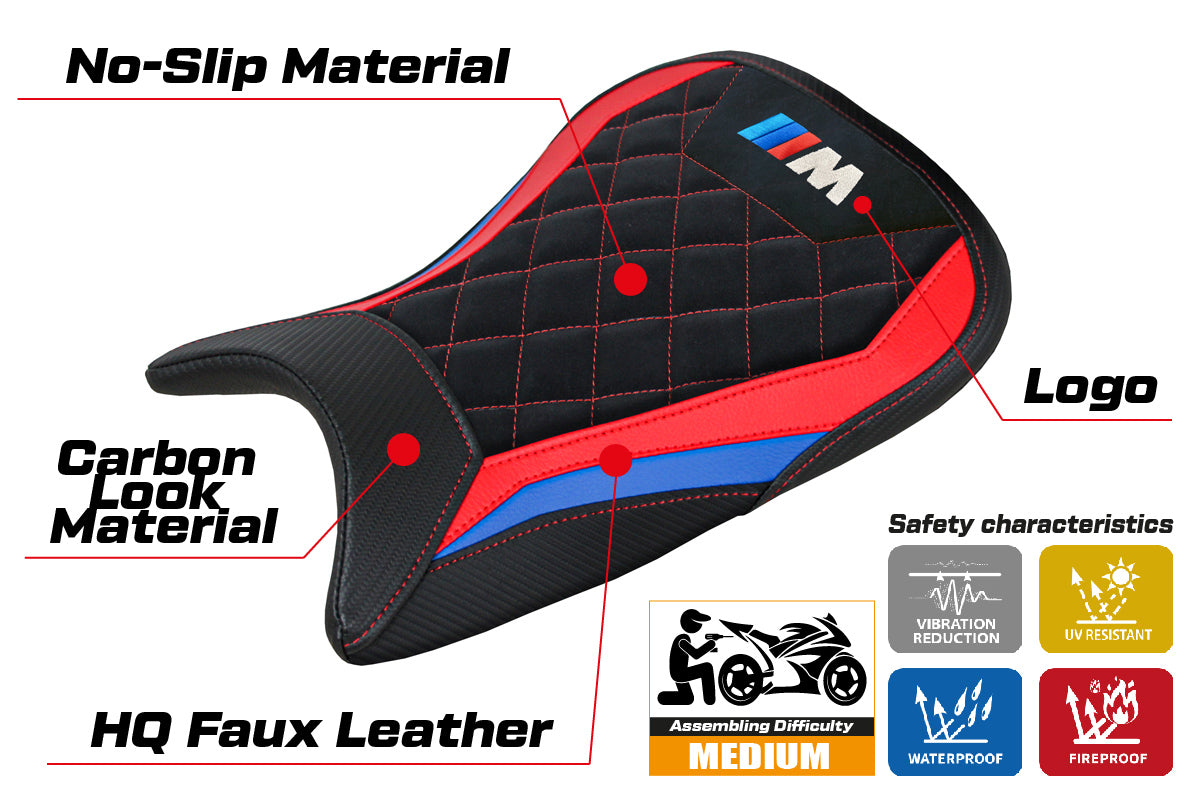 Funda de asiento BMW M1000RR 2021-2022 Tappezzeria Italia TPZ en terciopelo rojo, azul y negro