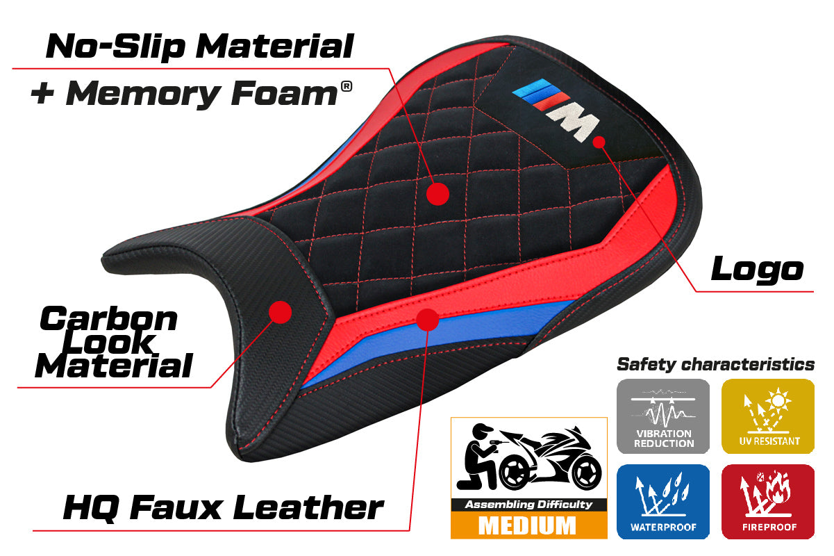 Funda de asiento BMW M1000RR 2021-2022 Tappezzeria Italia TPZ Comfort en terciopelo rojo, azul y negro