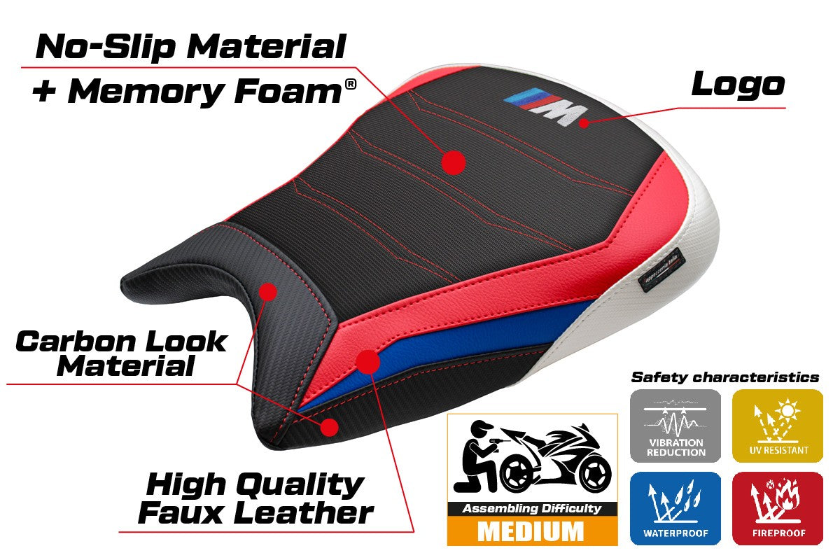 Funda de asiento BMW M1000RR 2023-2025 Tappezzeria Italia TPZ Comfort Rojo Blanco Azul Negro