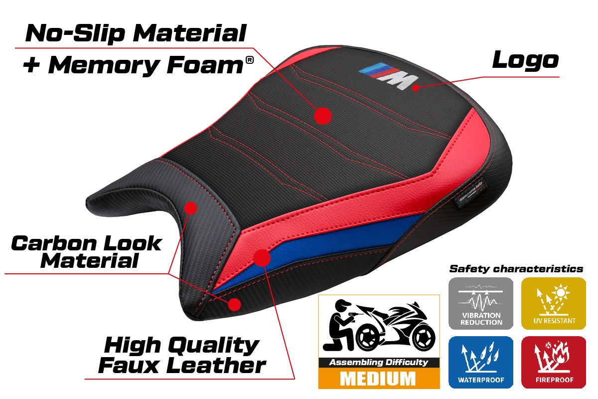Funda de asiento BMW M1000RR 2023-2025 Tappezzeria Italia TPZ Comfort Azul Rojo Negro
