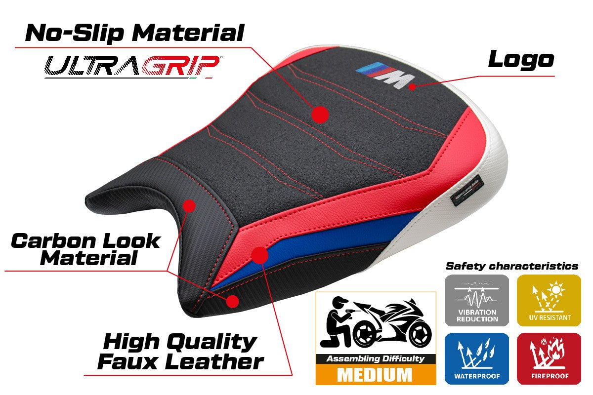 Funda de asiento BMW M1000RR 2023-2025 Tappezzeria Italia TPZ Ultragrip Rojo Blanco Azul Negro