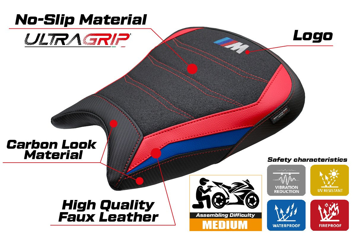 Funda de asiento BMW M1000RR 2023-2025 Tappezzeria Italia TPZ Ultragrip Azul Rojo Negro