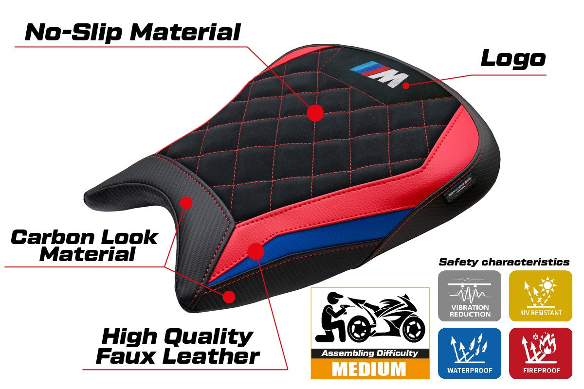 Funda de asiento BMW M1000RR 2023-2025 Tappezzeria Italia TPZ Terciopelo Azul Rojo Negro