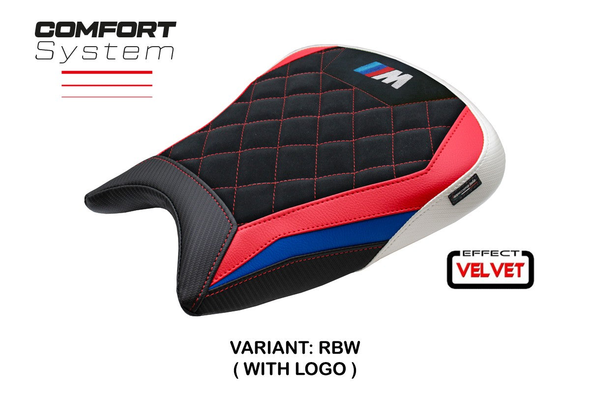 Funda de asiento BMW M1000RR 2023-2025 Tappezzeria Italia TPZ Velvet Comfort Rojo Azul Blanco Negro