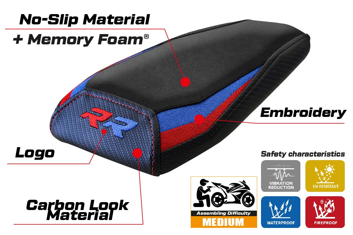 Funda de asiento BMW M1000RR 2023-2025 Tappezzeria Italia TPZ Velvet Comfort Rojo Azul Negro