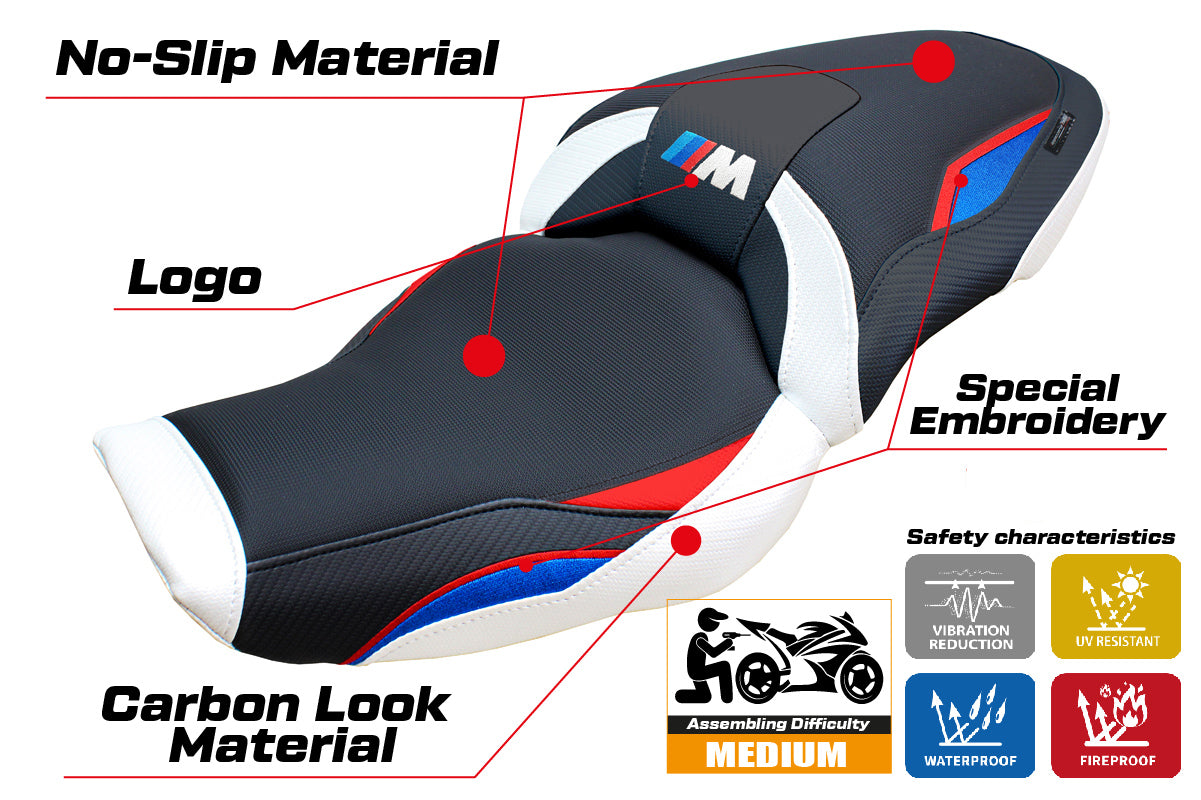 Funda de asiento BMW M1000XR 2024-2025 Tappezzeria Italia TPZ en rojo, azul, blanco y negro