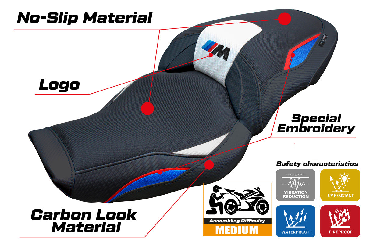 Funda de asiento para BMW M1000XR 2024-2025 Tappezzeria Italia TPZ en blanco, rojo, azul y negro