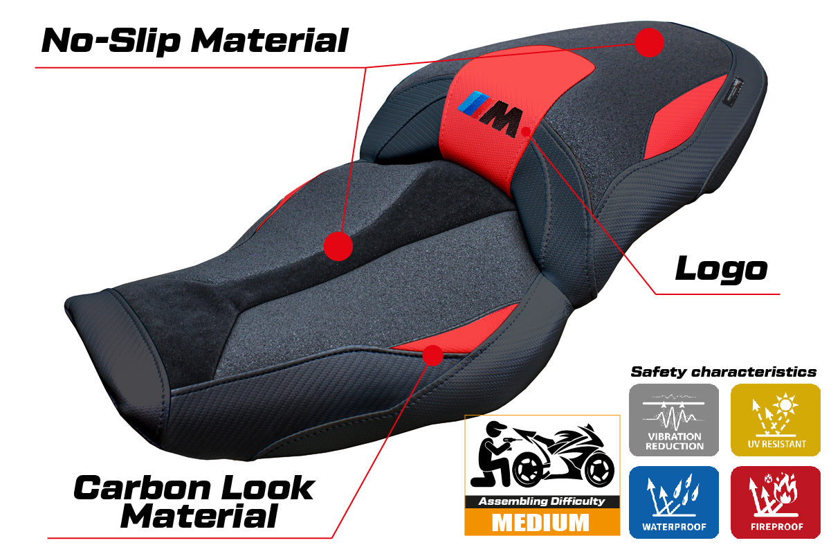Funda de asiento BMW M1000XR 2024-2025 Tappezzeria Italia TPZ Ultragrip en rojo y negro