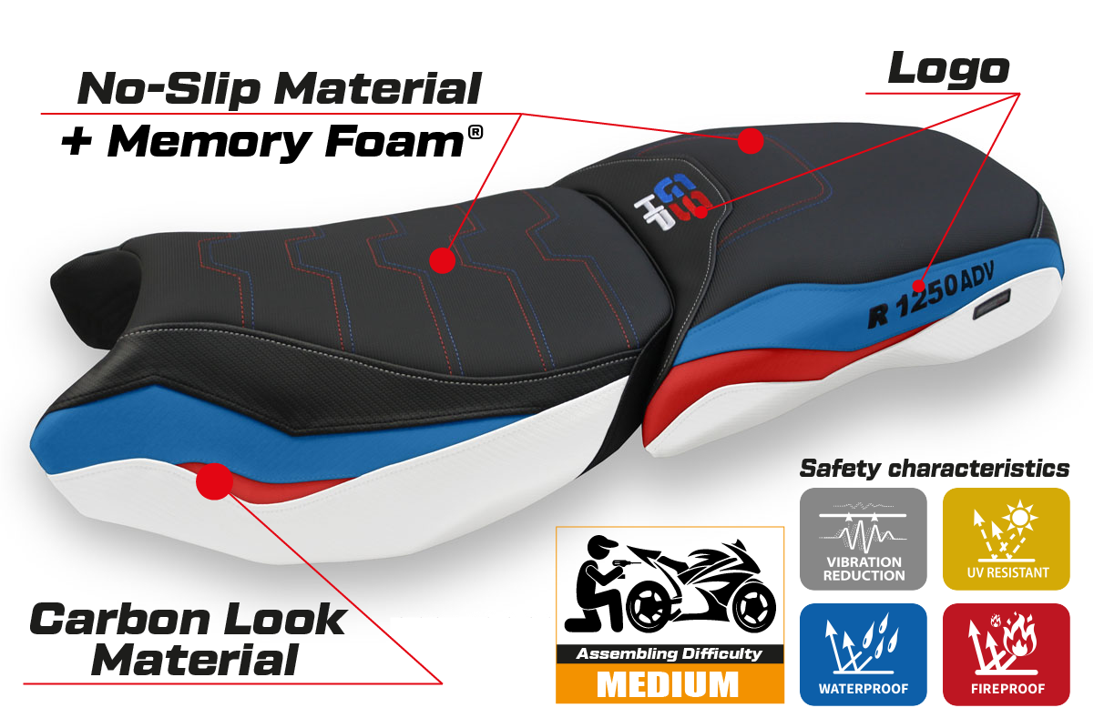 BMW R1250GS ADV 2019-2024 Comfort Heated Seat Cover Tappezzeria Italia TPZ in White, Red and Blue
