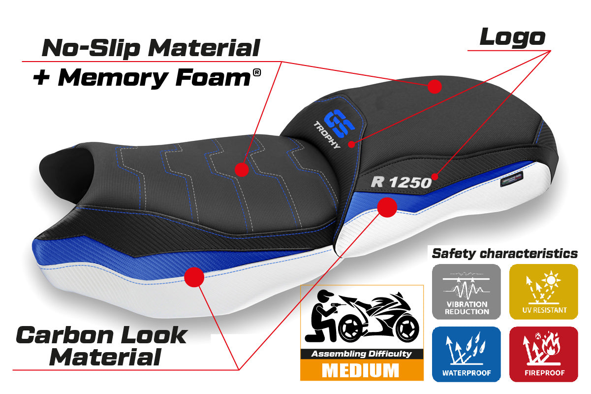 Funda de asiento calefactable Comfort Tappezzeria Italia TPZ para BMW R1250GS 2019-2023 en azul y blanco