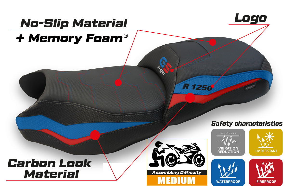 Funda de asiento calefactable Comfort Tappezzeria Italia TPZ para BMW R1250GS 2019-2023 en rojo y azul