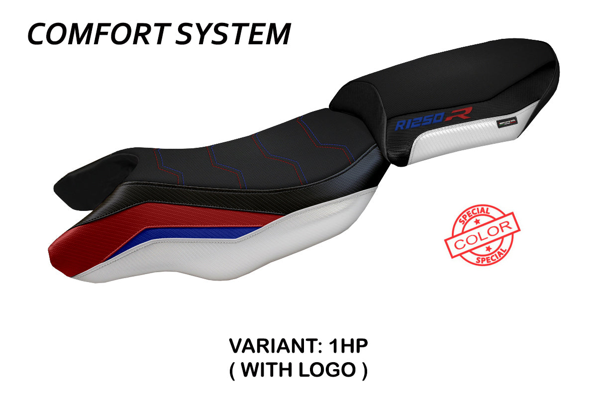 Funda de asiento BMW R1250R 2019-2025 Tappezzeria Italia TPZ Comfort en rojo, azul y blanco