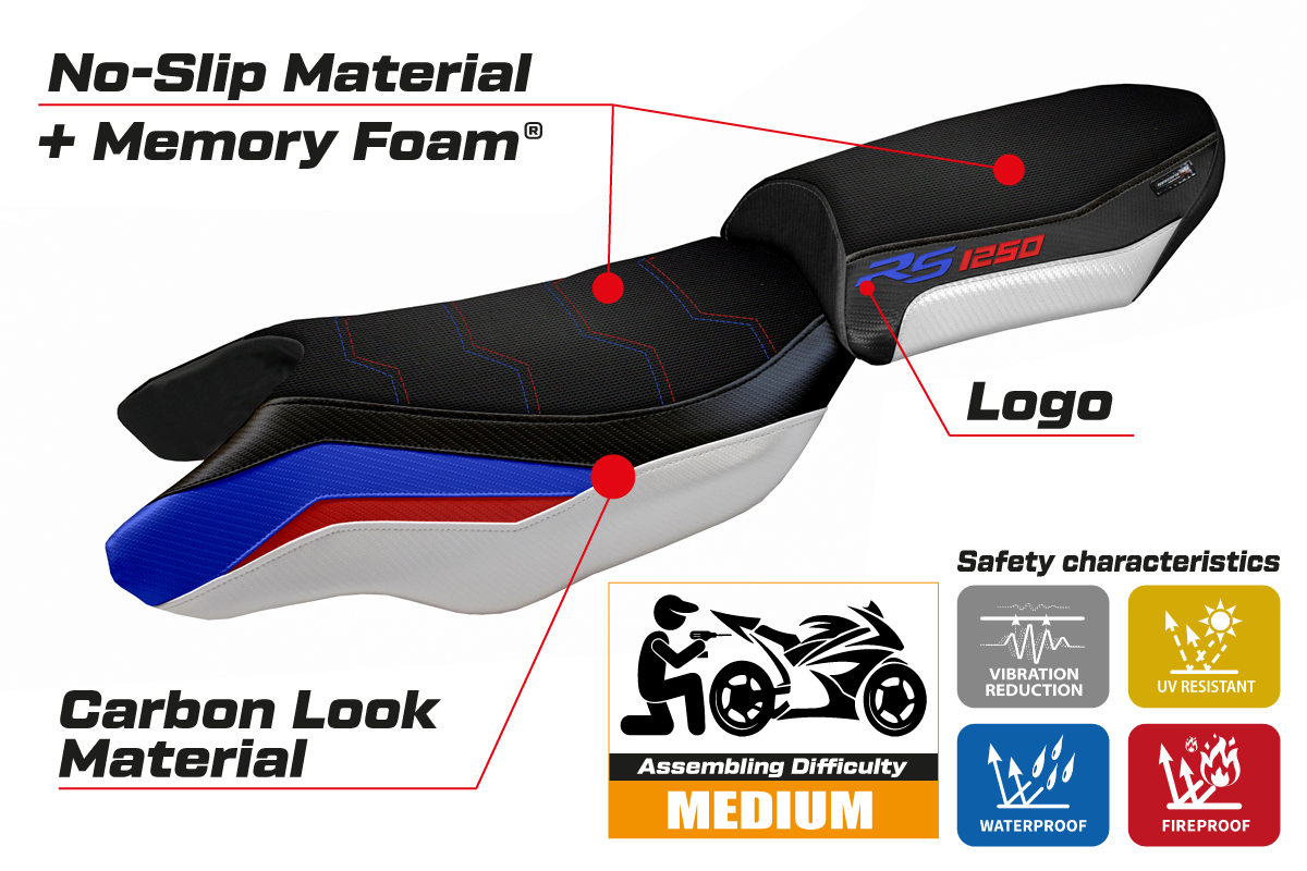 BMW R1250RS 2020-2024 Comfort Heated Seat Cover Tappezzeria Italia TPZ in Blue White Red