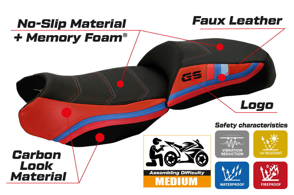 Funda de asiento BMW R1200GS 2013-2018 Tappezzeria Italia TPZ Comfort calefactable en rojo y negro