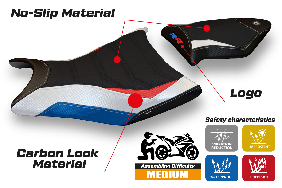 BMW S1000RR 2009-2011 Seat Cover Tappezzeria Italia TPZ Ultragrip in HP Red, White and Blue