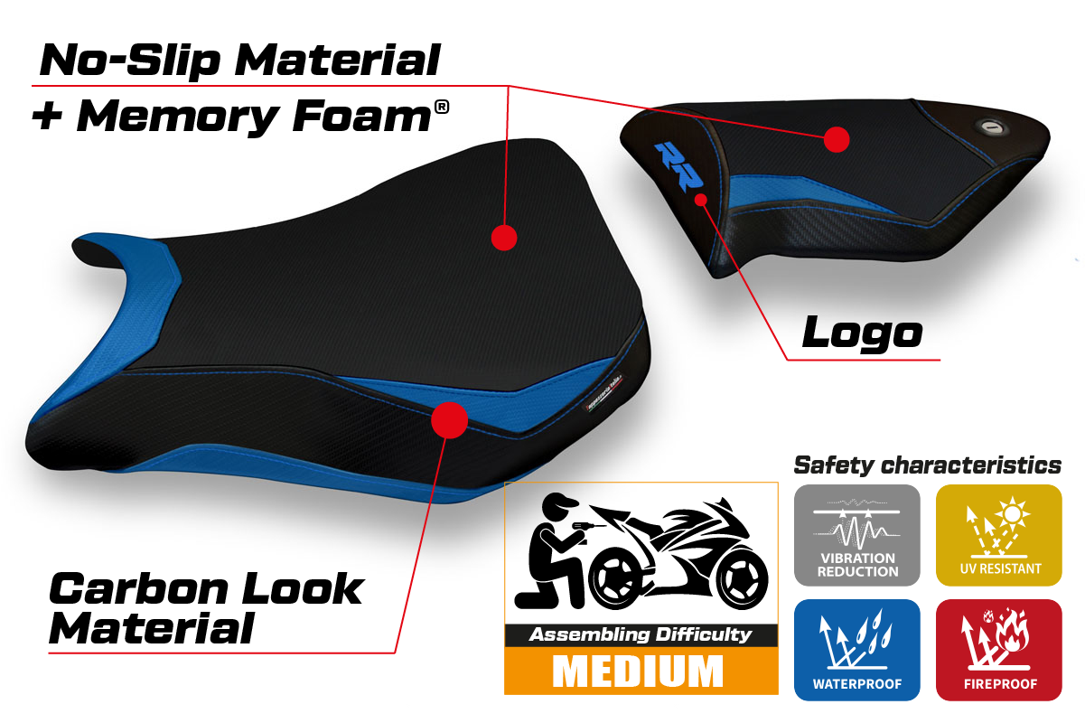 Funda de asiento BMW S1000RR 2012-2014 Tappezzeria Italia TPZ Comfort en azul y negro
