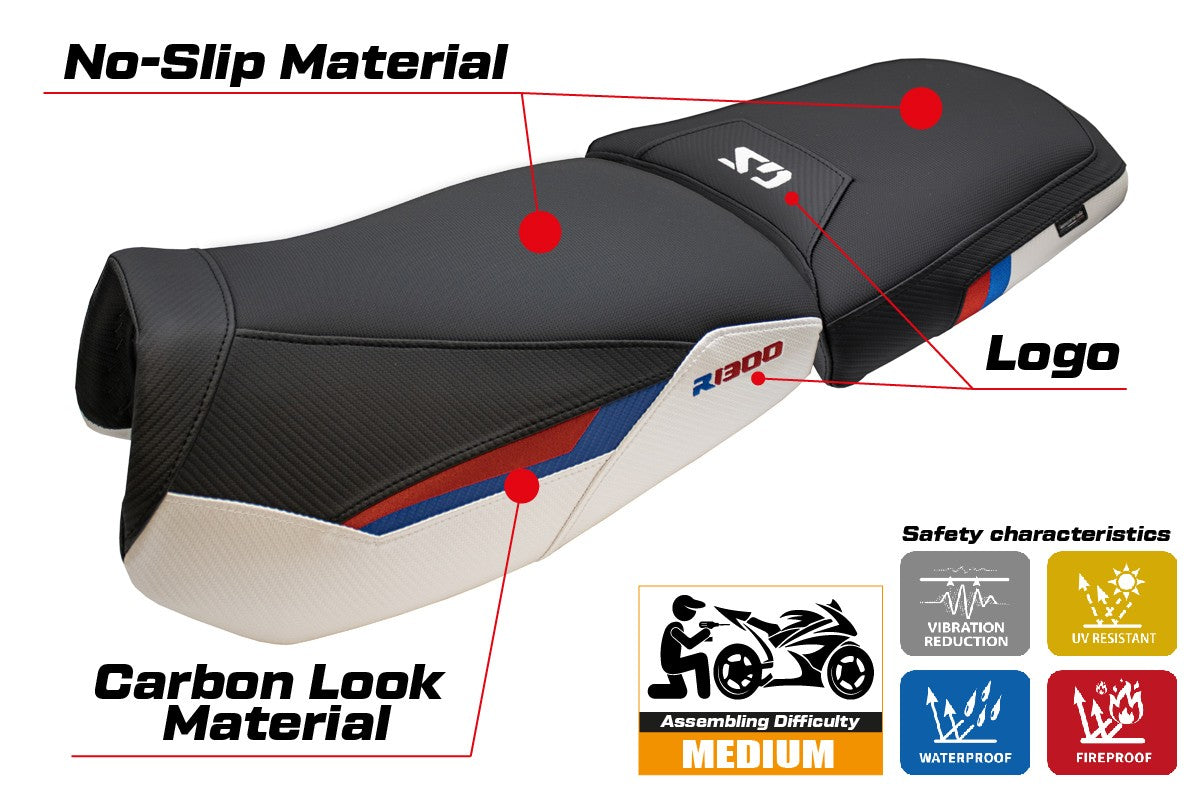 Funda de asiento BMW R1300GS Adventure Trophy 2024-2025 Tappezzeria Italia TPZ Blanco Rojo Azul