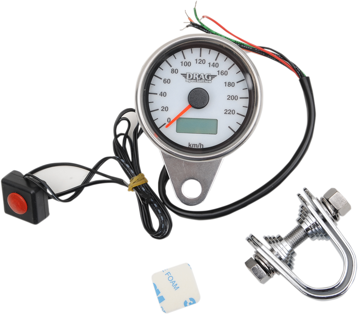 Velocímetro electrónico programable DRAG SPECIALTIES de 2,4" KMH con odómetro y cuentakilómetros parcial - Negro mate - Esfera blanca 21-6895AWDS