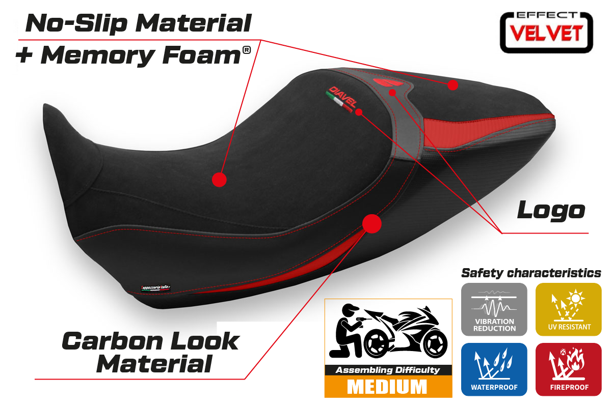Funda de asiento Tappezzeria Italia TPZ Comfort para Ducati Diavel 1260 2019-2023 en negro y rojo