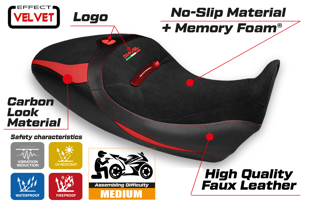 Funda de asiento Tappezzeria Italia TPZ Comfort para Ducati Diavel 1260 1260S 2019-2023 en rojo y negro