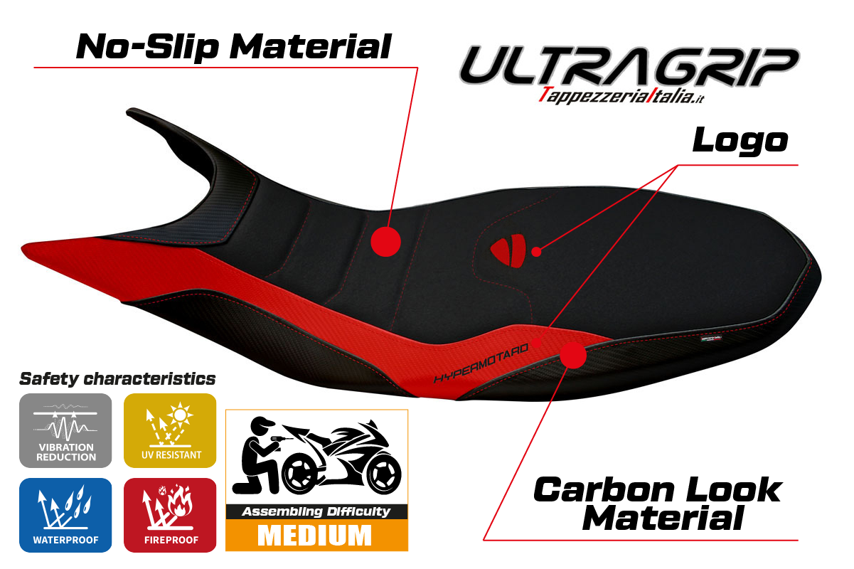 Ducati Hypermotard 821 939 2013-2018 Seat Cover Tappezzeria Italia TPZ Ultragrip in Red and Black